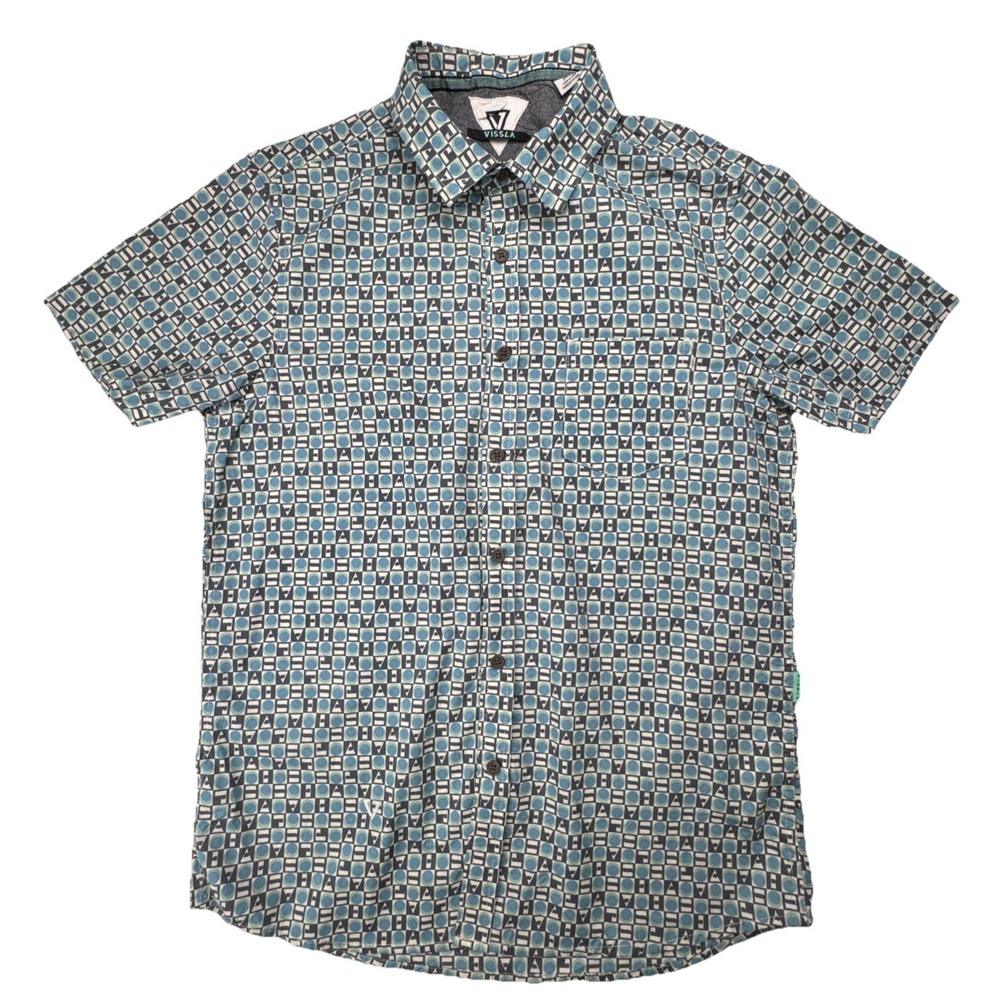 Vissla Mens Button Down Shirt Small Cotton Blend Geometric Surf Casual Blue Grey